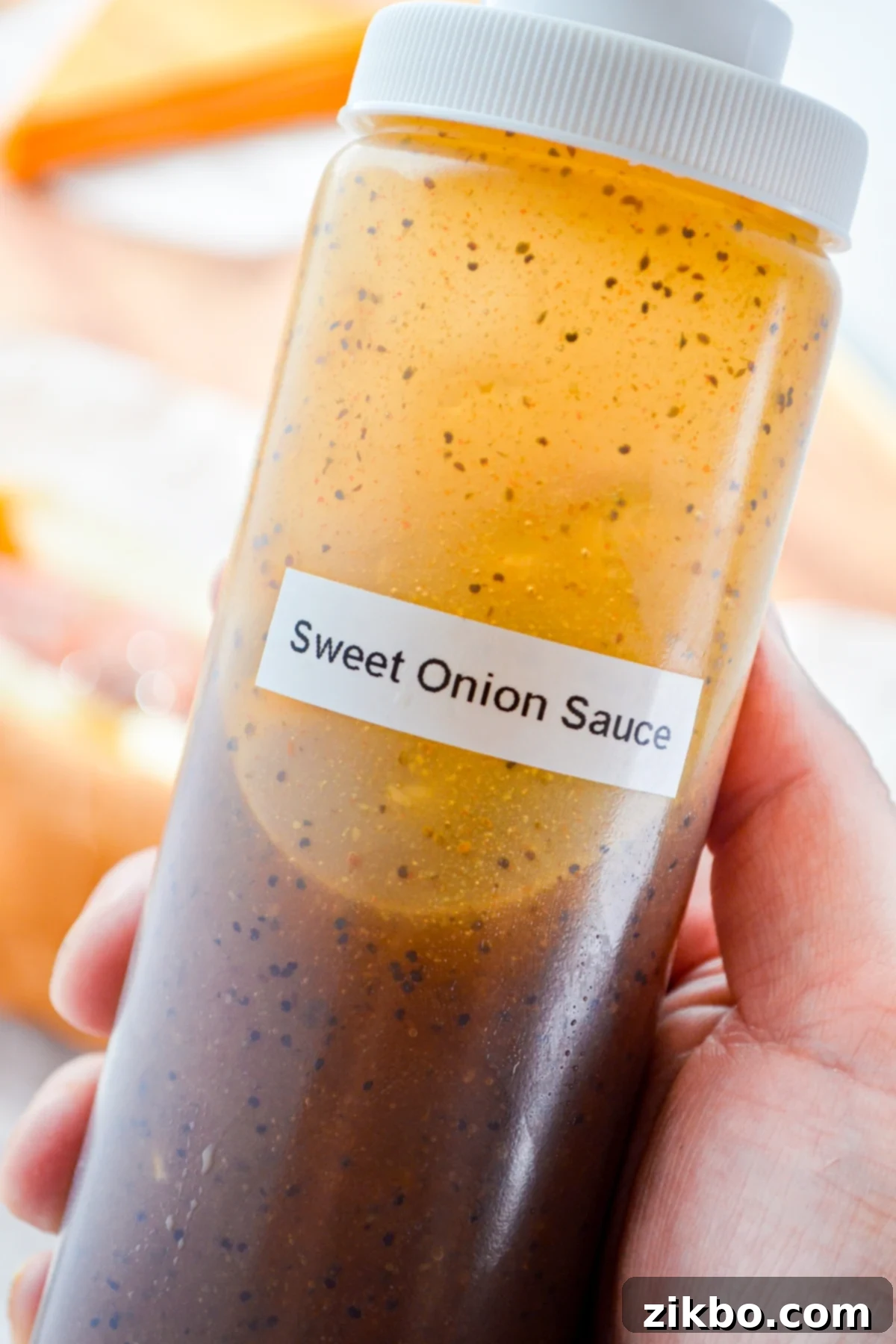 A bottle of homemade Sweet Onion Sauce.