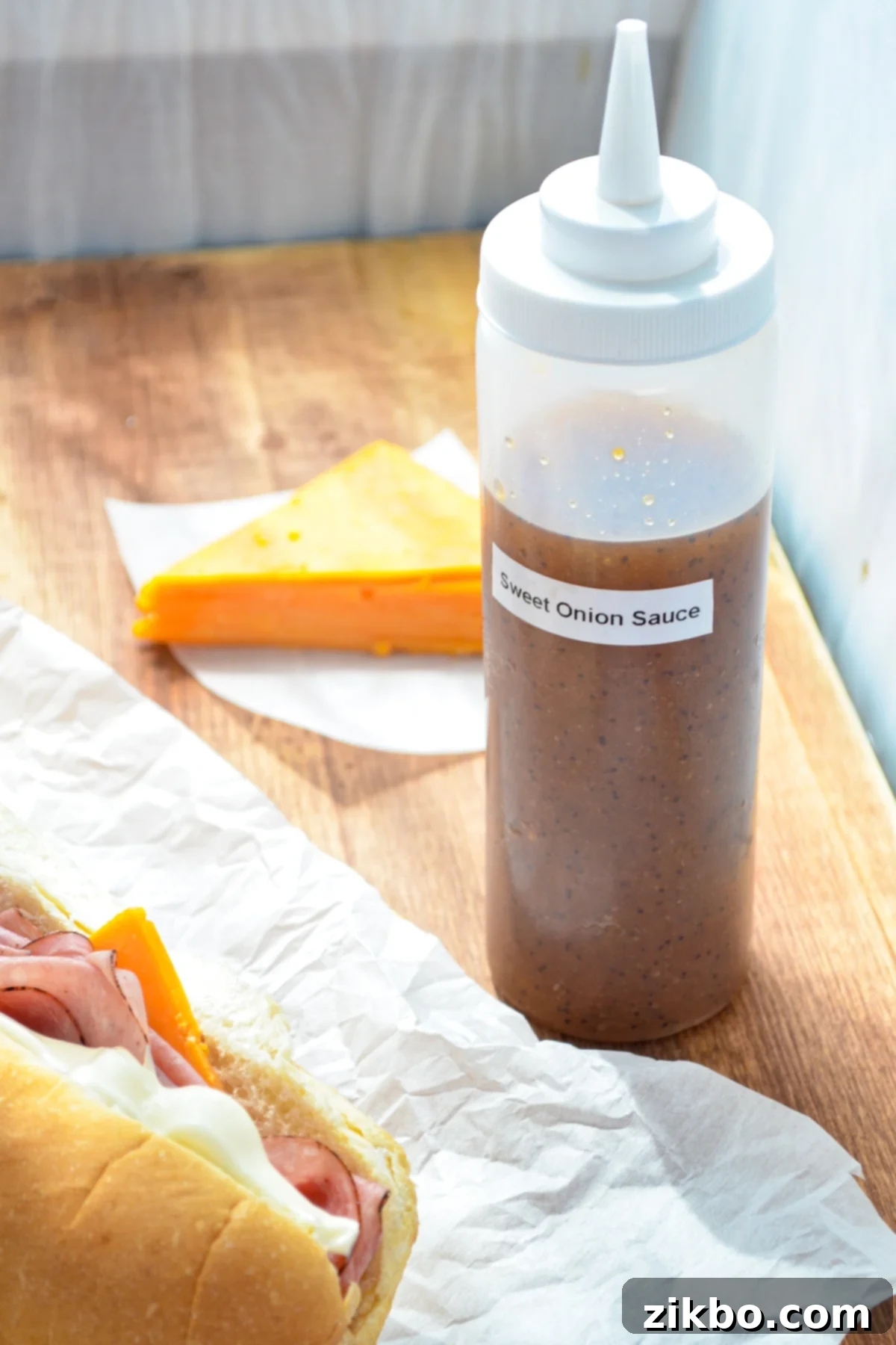 A bottle of homemade sweet onion sauce.