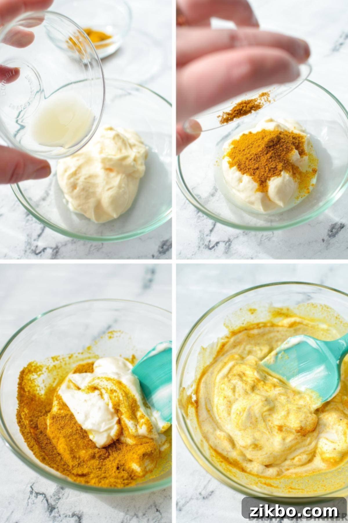 Adding bright yellow curry powder and fresh lemon juice to a bowl of creamy white mayonnaise, ready to be mixed into curry aioli.