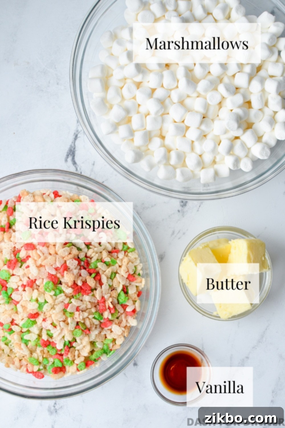 The ingredients need to make Rice Krispies treats: cereal, marshmallows, butter, and vanilla.