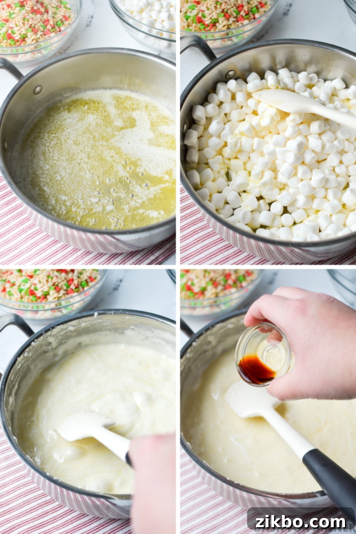 Melting butter and marshmallows together in a large skillet.