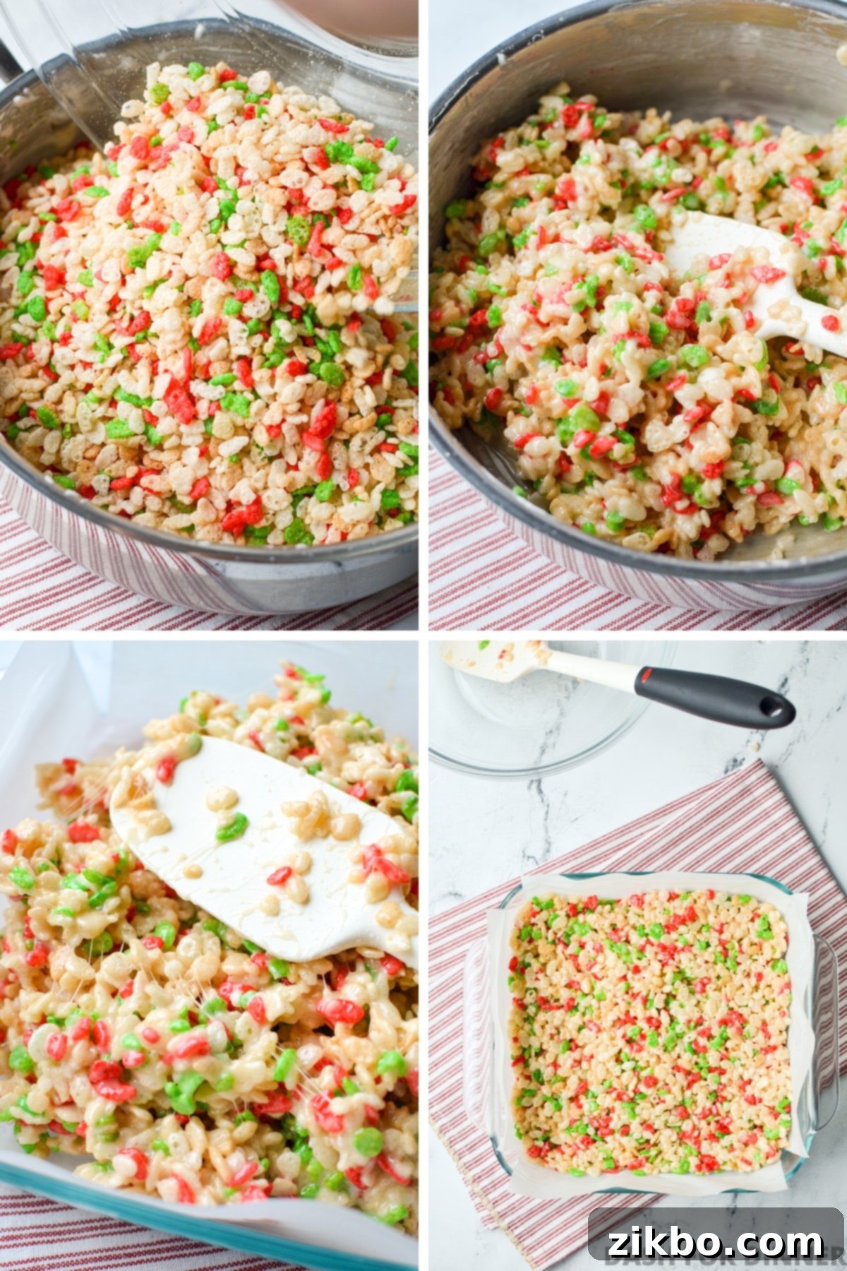 Mixing cereal in with marshmallows to form a base for treats.