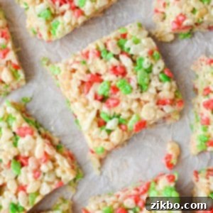 An overheat view of Christmas Rice Krispie treats cut into squares.