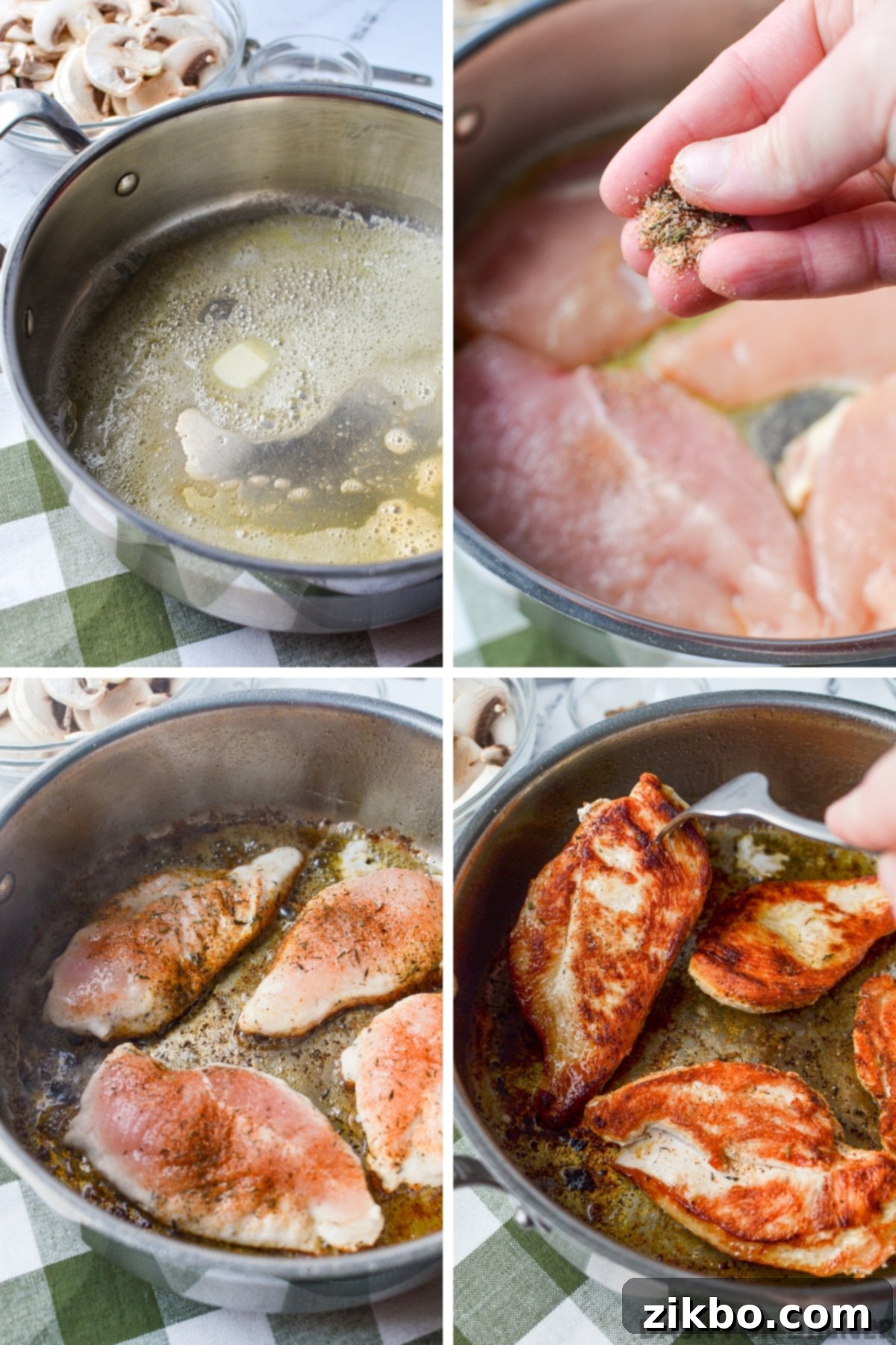Seasoning chicken and browning it on both side.