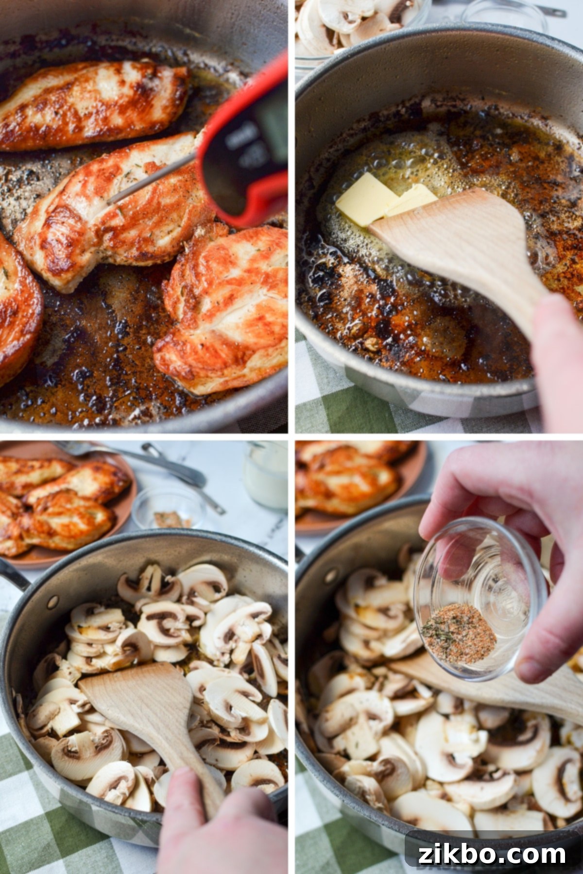 Removing chicken from a skillet and adding butter and then mushrooms.