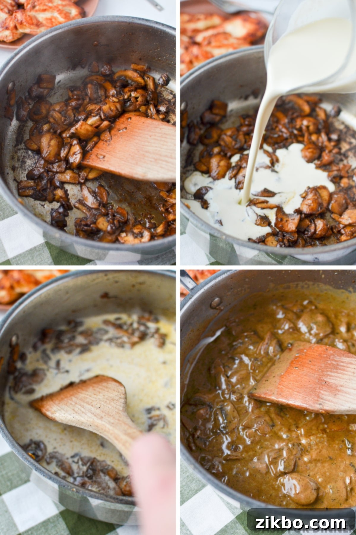 Adding cream to mushrooms to make a sauce.