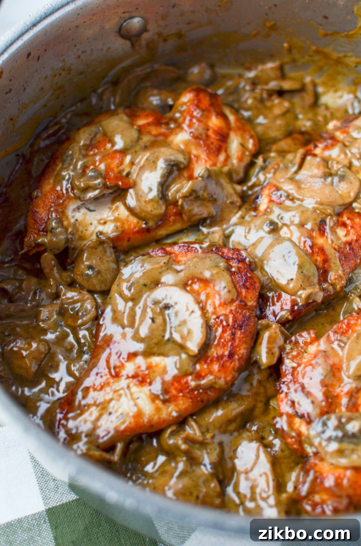 Chicken covered in a creamy mushroom sauce.