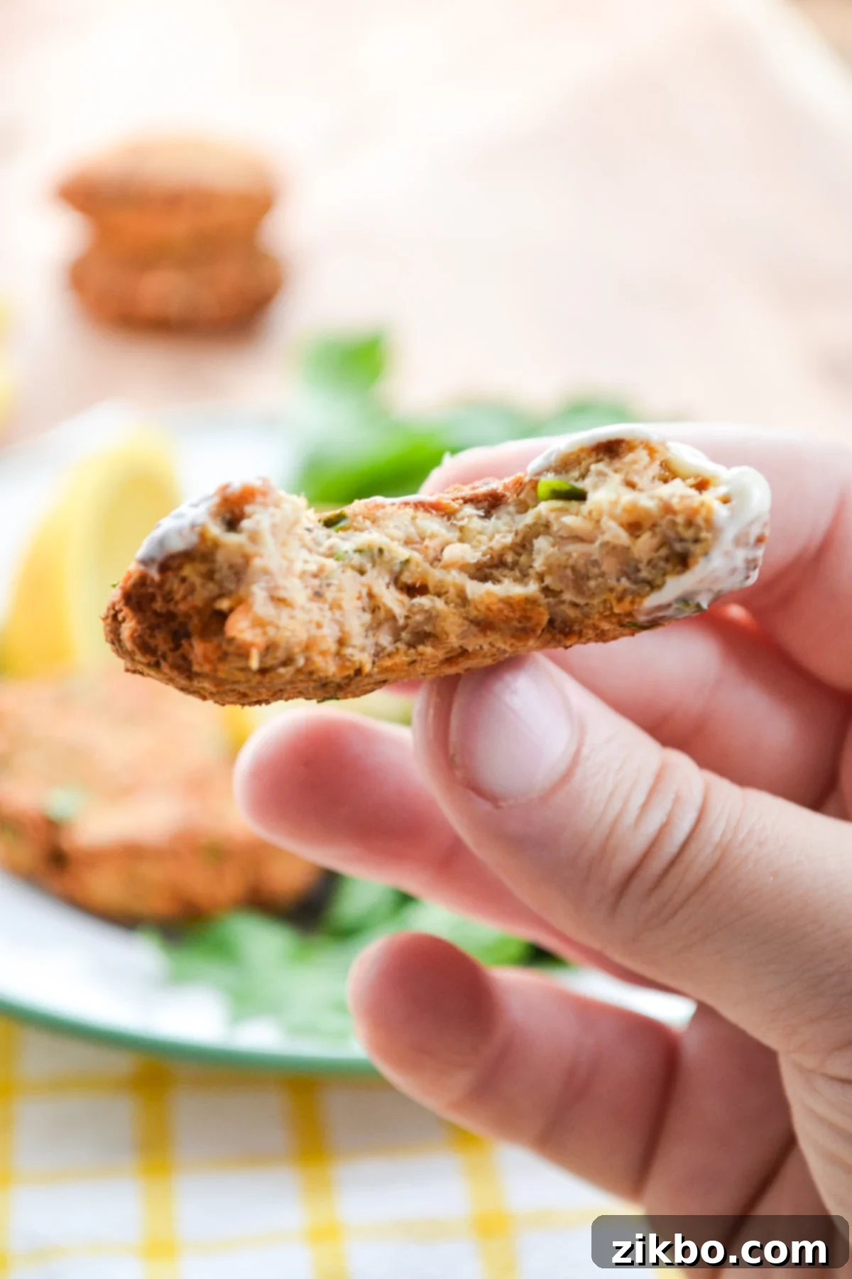 A salmon patty with a bite taken out of it.