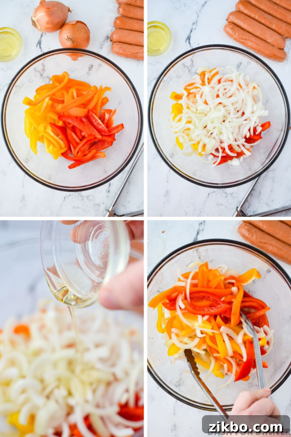 Adding sliced bell peppers and onions to a large mixing bowl.