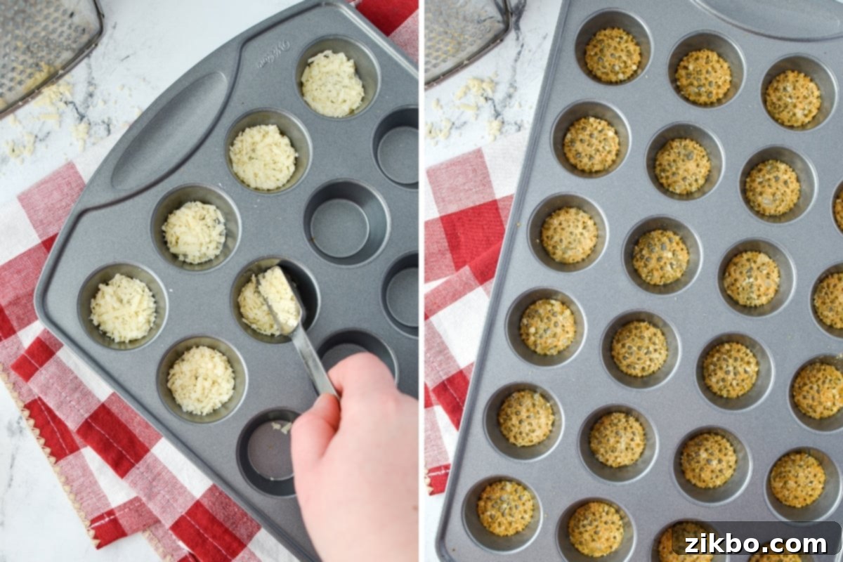 Savory Parmesan Snaps 4 Adding shredded parmesan cheese to a mini muffin pan.