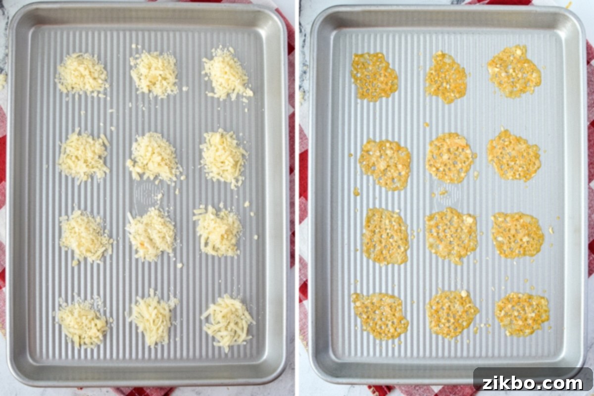 Savory Parmesan Snaps 6 Cooking shredded parmesan on a baking sheet.