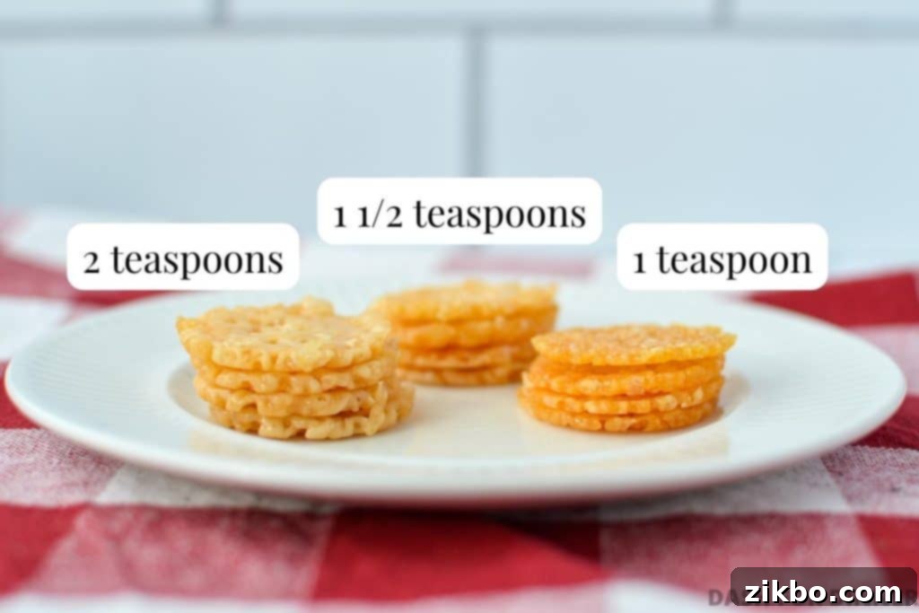 Savory Parmesan Snaps 9 Three stacks of parmesan crisps, showing the difference between 2 teaspoon, 1 ½ teaspoon, and 1 teaspoon measurements.