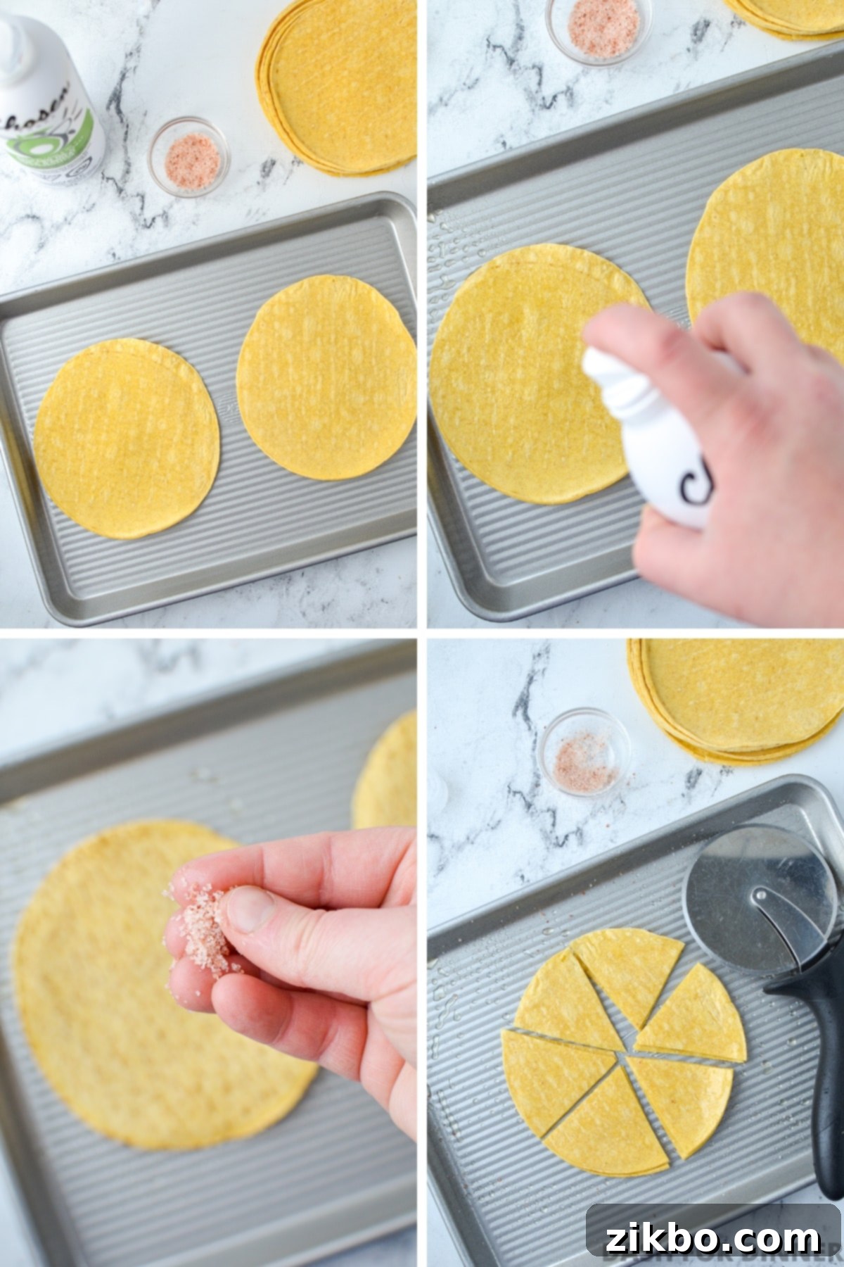 Spraying corn tortillas with cooking spray, sprinkling with salt, and cutting into triangles on a wooden board.
