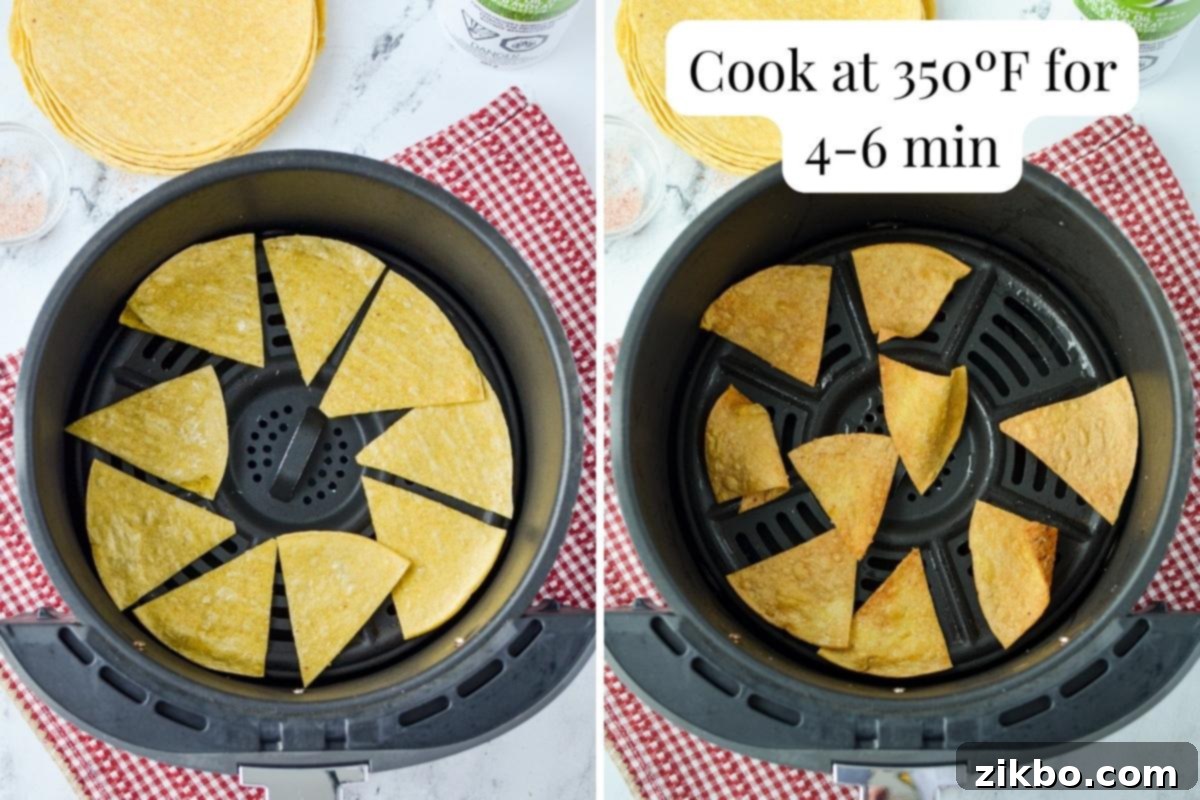 A two-part image showing corn tortilla triangles uncooked in an air fryer basket, and then cooked and golden brown in the same basket.