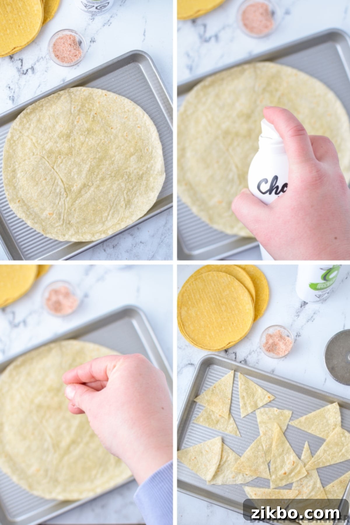 A sequence showing a flour tortilla being sprayed with cooking oil, sprinkled with salt, and then cut into triangles with a pizza cutter.
