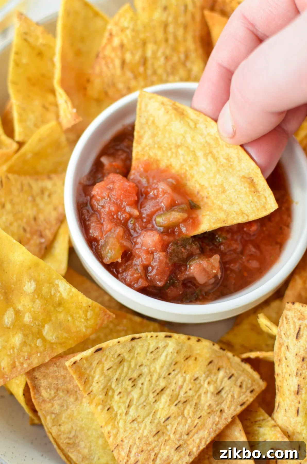 A hand dipping a crispy corn tortilla chip into a vibrant bowl of red salsa, with more chips in the background.