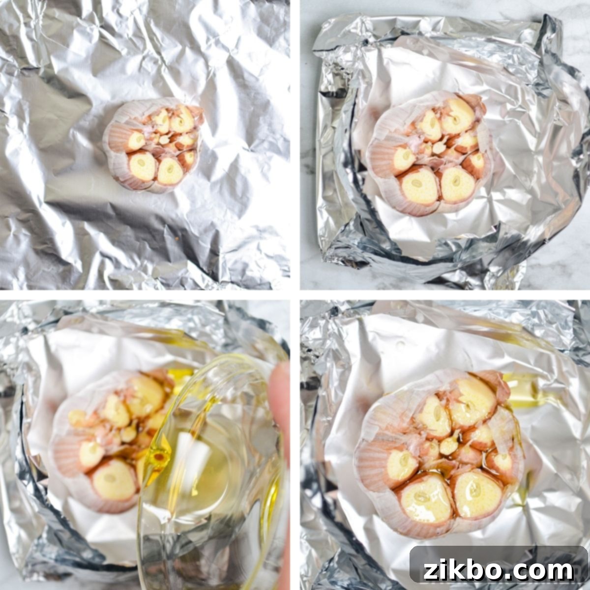 Preparing the garlic bulb for roasting: top removed, placed on foil, and ready for seasoning.