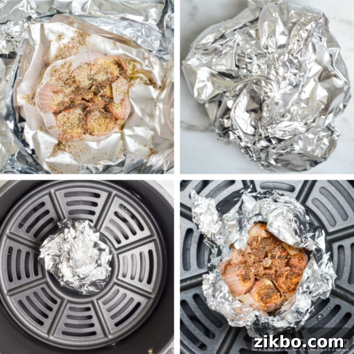 Seasoning the garlic with olive oil, salt, and pepper before wrapping it for air frying.
