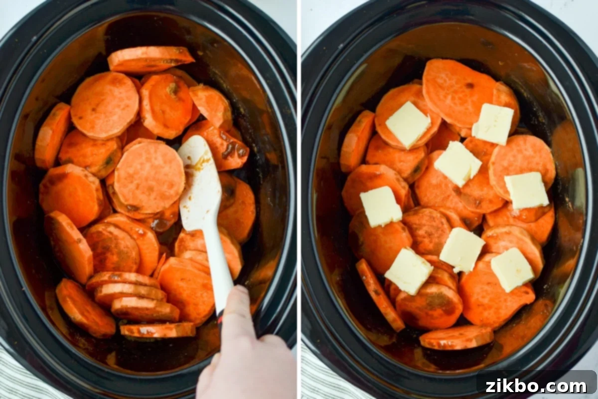 Adding butter on top of sweet potatoes in a slow cooker.