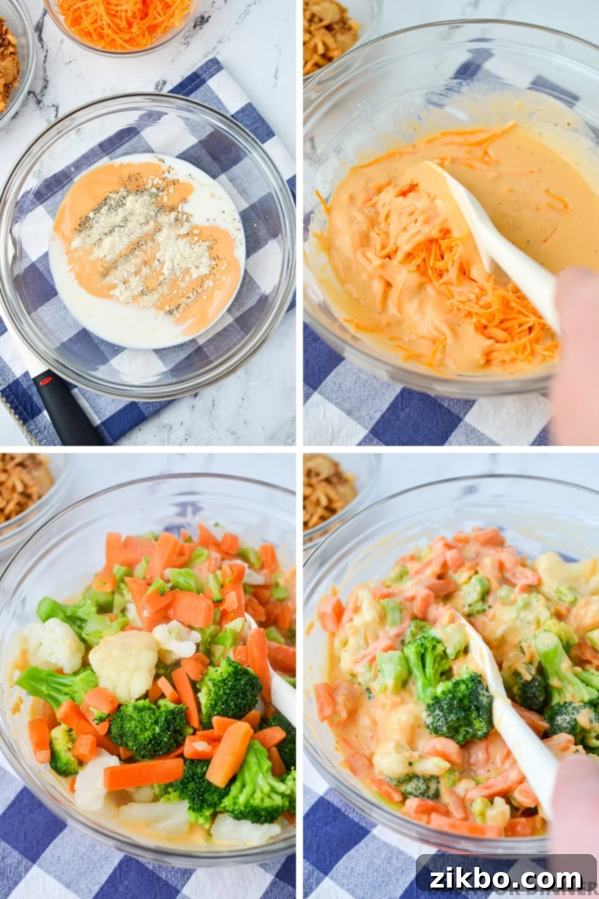 Adding blanched mixed vegetables (broccoli, cauliflower, carrots) to a large bowl containing creamy cheddar cheese sauce.