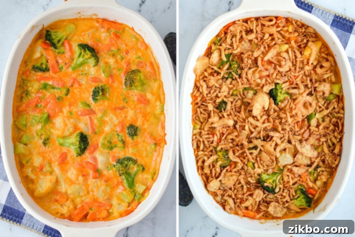 A close-up of a vegetable casserole topped with a generous layer of crispy fried onions before its final bake.