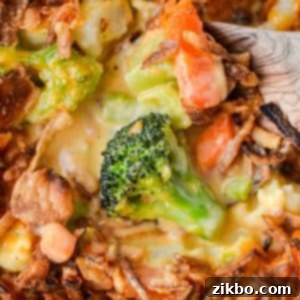 A delicious and easy cheesy vegetable casserole with a creamy sauce and crispy fried onion topping.