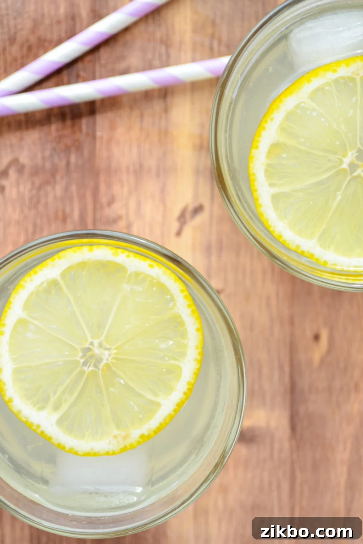 Two refreshing glasses of homemade Instant Pot lemonade, garnished with vibrant lemon slices, with a full pitcher blurred in the background.