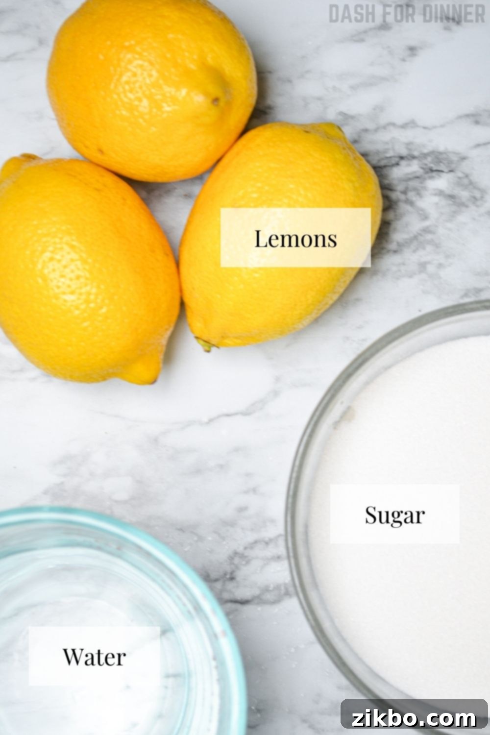 Fresh lemons, granulated white sugar, and cold water, the three simple ingredients for an easy Instant Pot lemonade recipe.