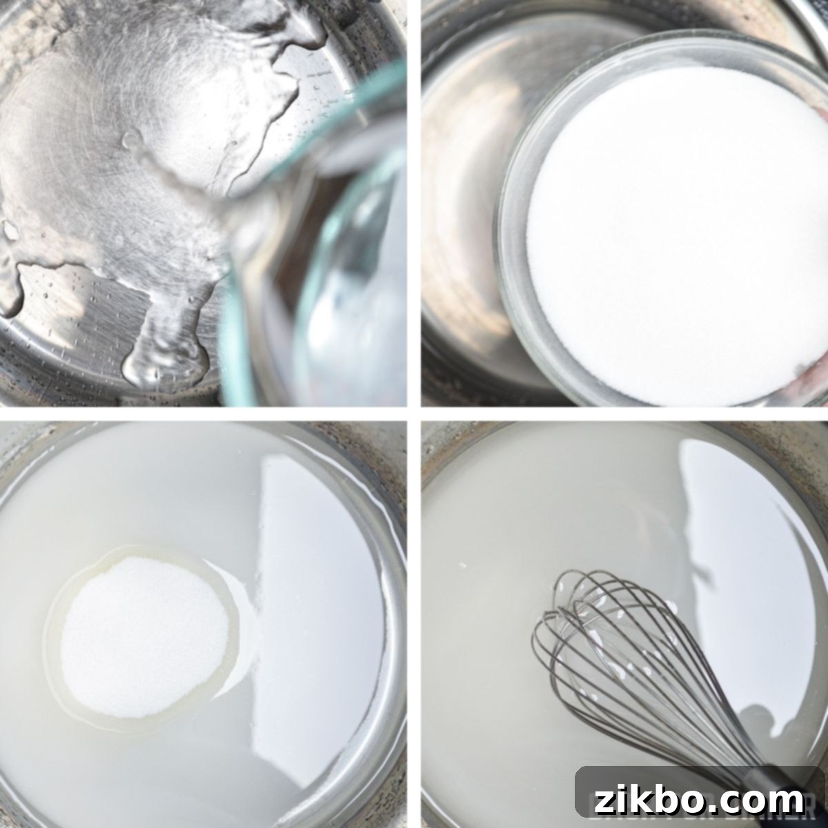 Pouring cold water into the Instant Pot insert, followed by granulated sugar, to begin making homemade lemonade.