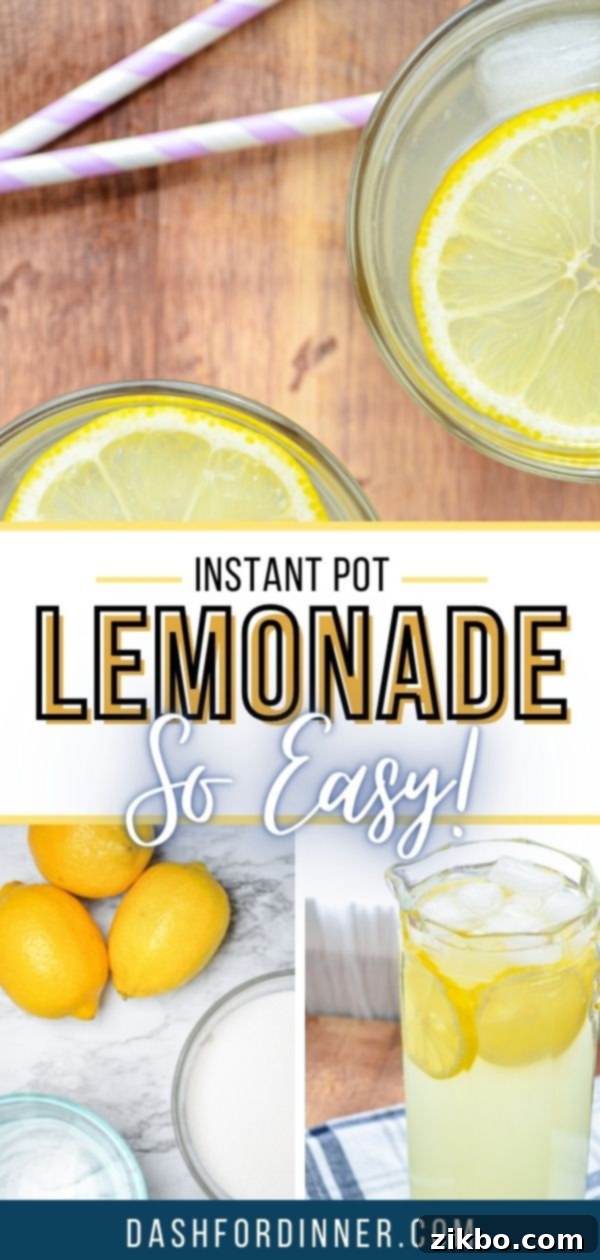 A full pitcher of Instant Pot Lemonade next to two glasses, garnished with fresh lemon slices, on a bright summer day.