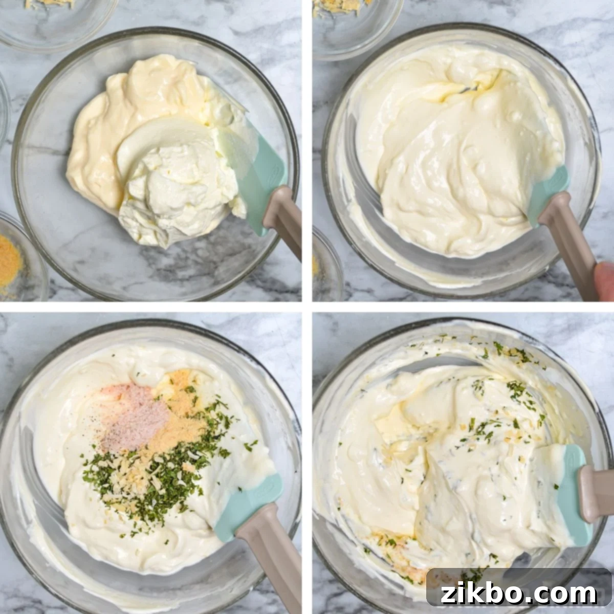 How to mix together seasonings, mayo, and sour cream to make ranch dip.