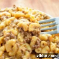 A forkful of homemade hamburger helper.