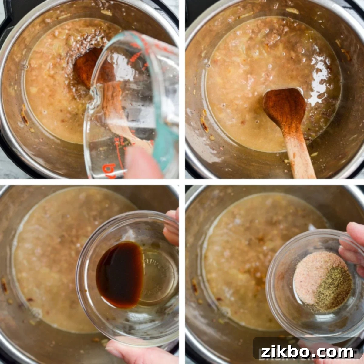 Spices and macaroni added to the Instant Pot for Hamburger Helper.
