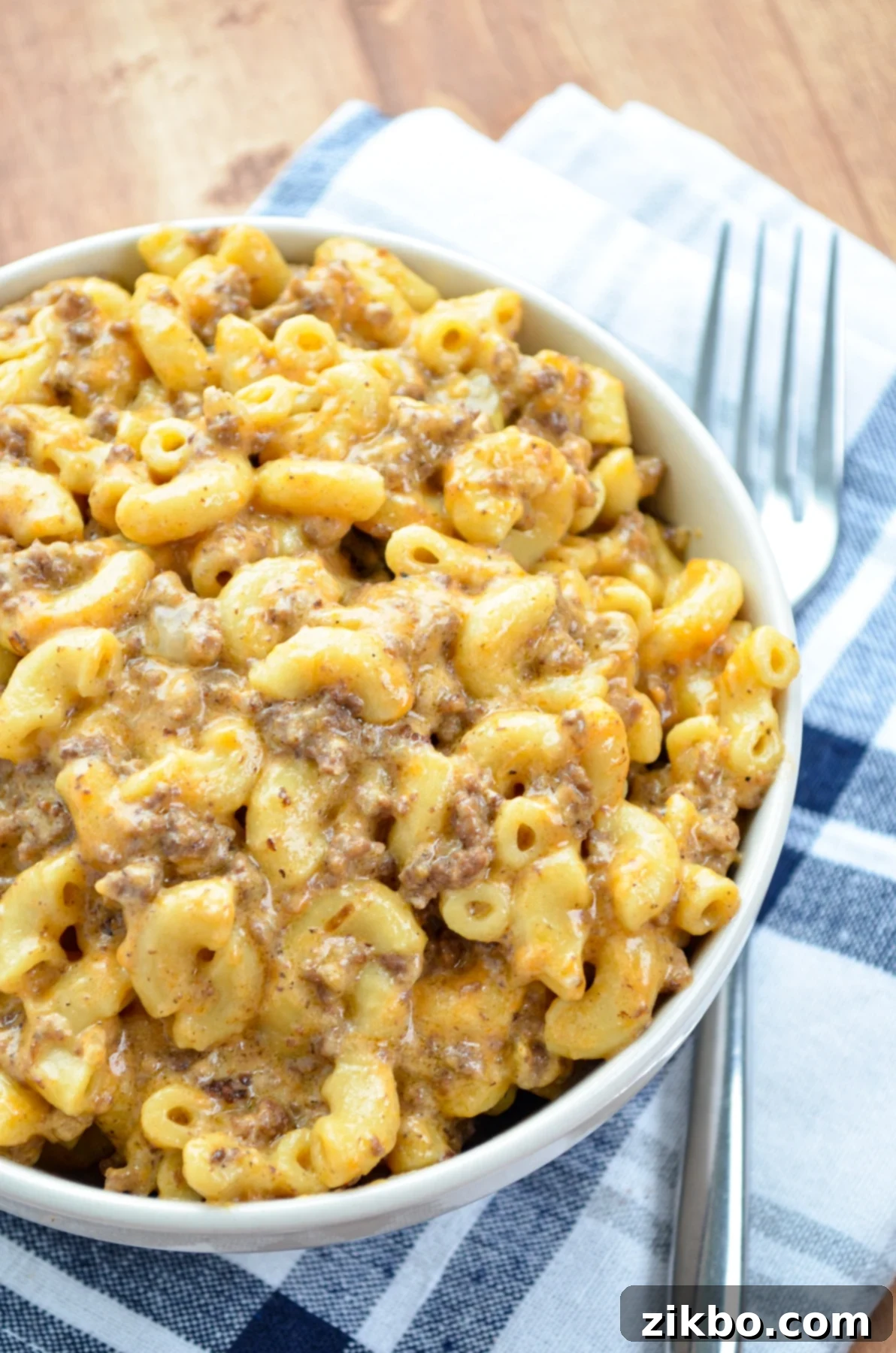 A bowl of homemade cheeseburger macaroni, a delicious variation of Instant Pot Hamburger Helper.
