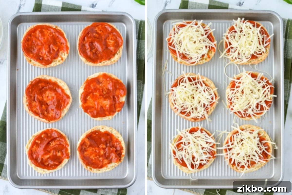 Easy English Muffin Pizzas 5 English muffins spread with pizza sauce and then topped with cheese.