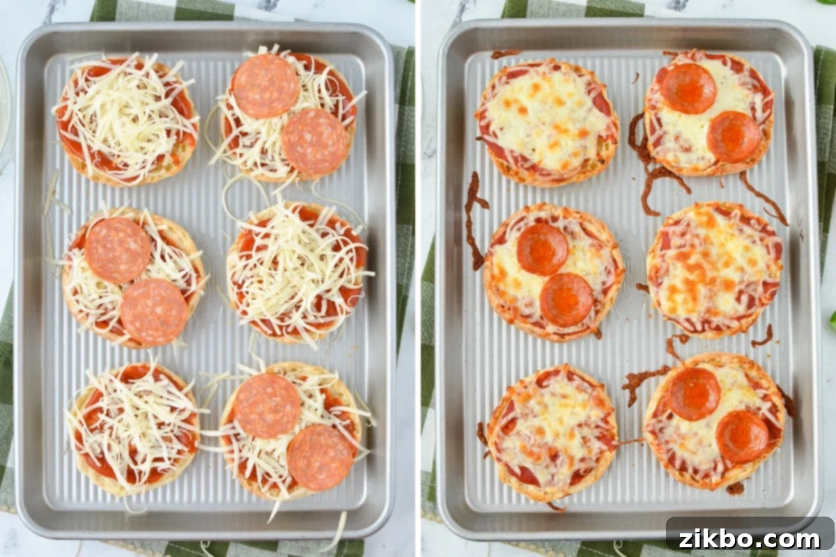 Easy English Muffin Pizzas 6 Adding pepperoni to English muffins, and then baking it.