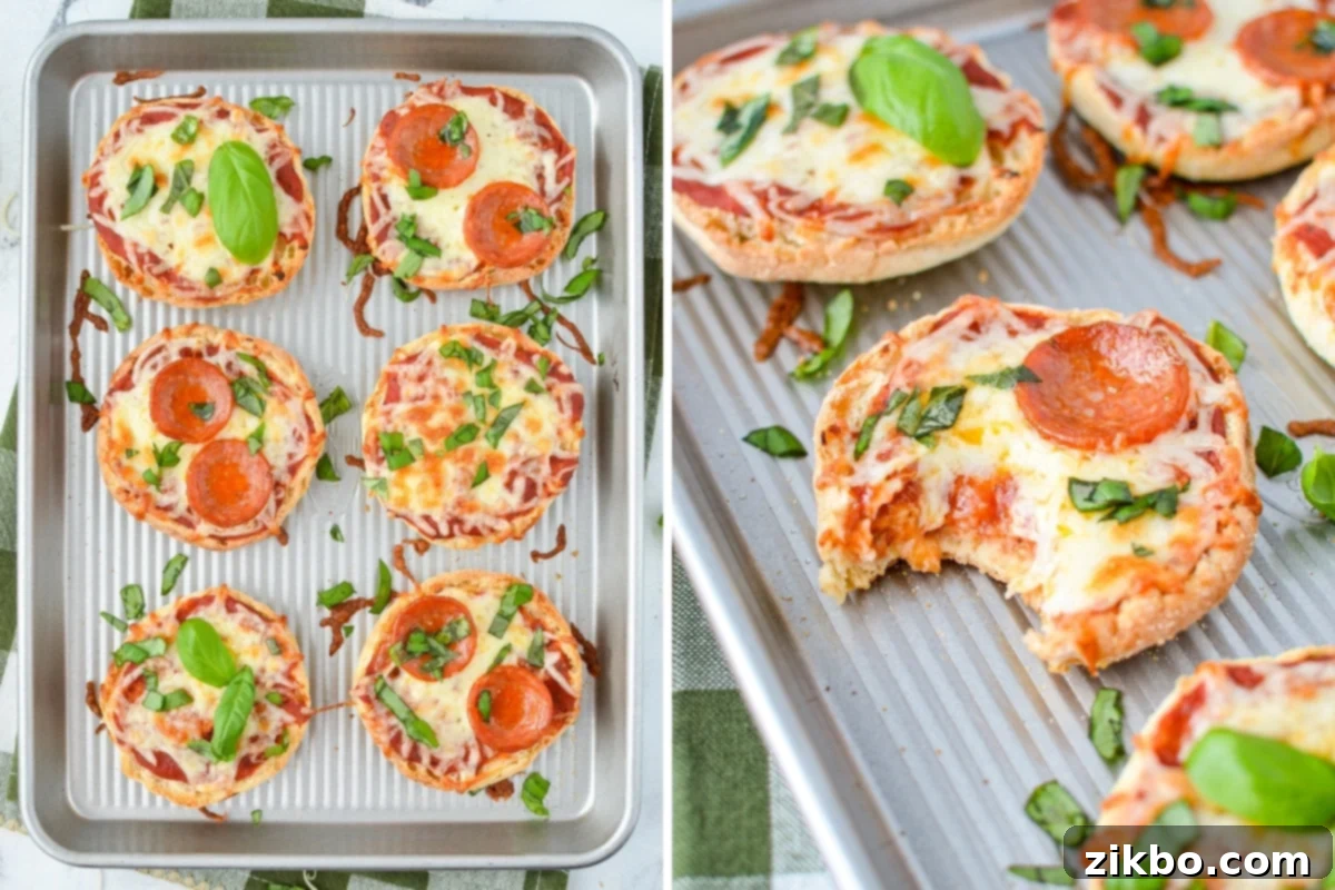 Easy English Muffin Pizzas 7 Mini pizzas topped with fresh basil.