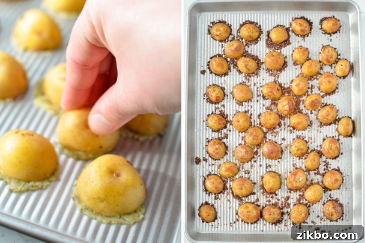 Crispy Parmesan Potatoes 6 Adding baby potatoes with the parmesan crust facing down onto a baking sheet lined with parchment paper.