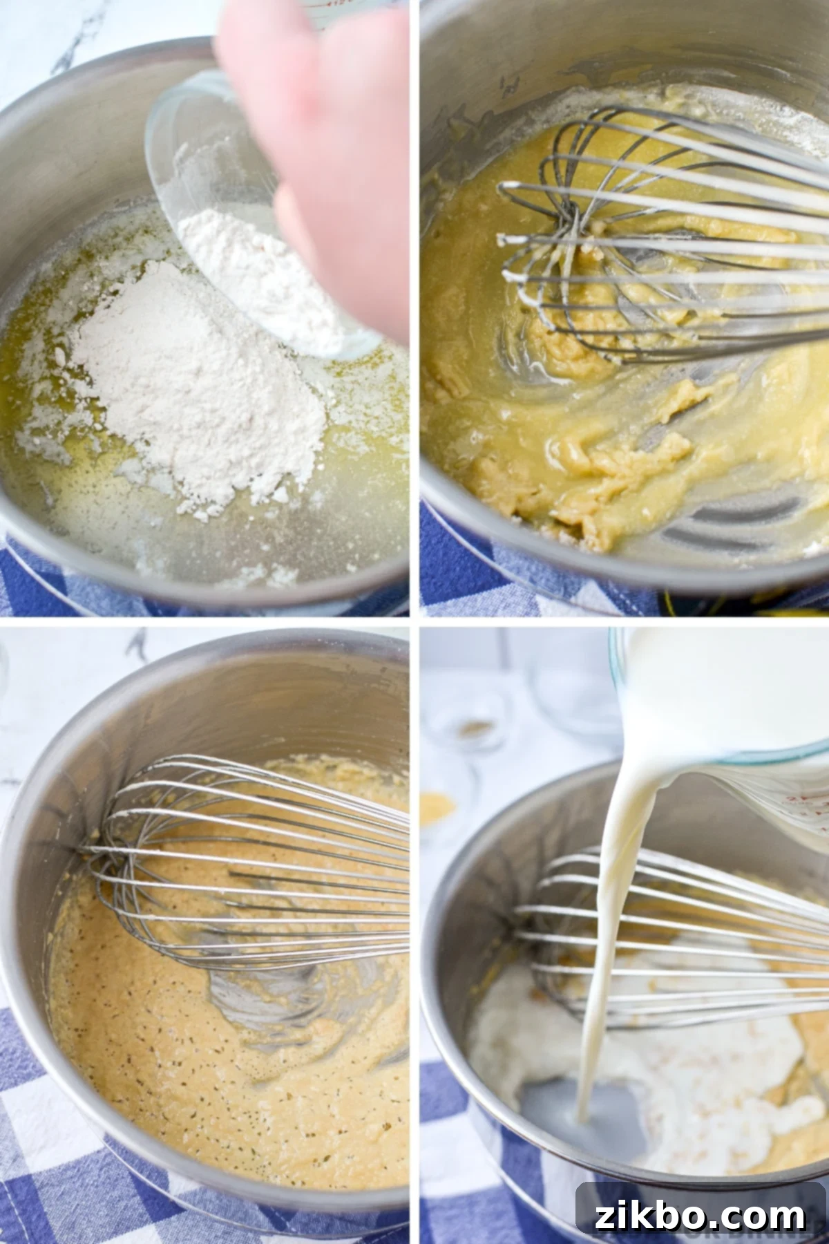 Making a roux and adding milk.