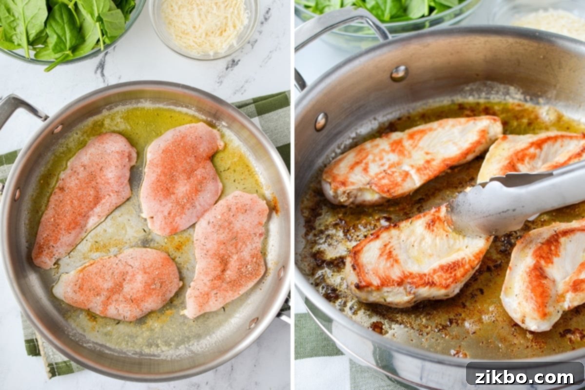 Searing chicken breast on both sides.