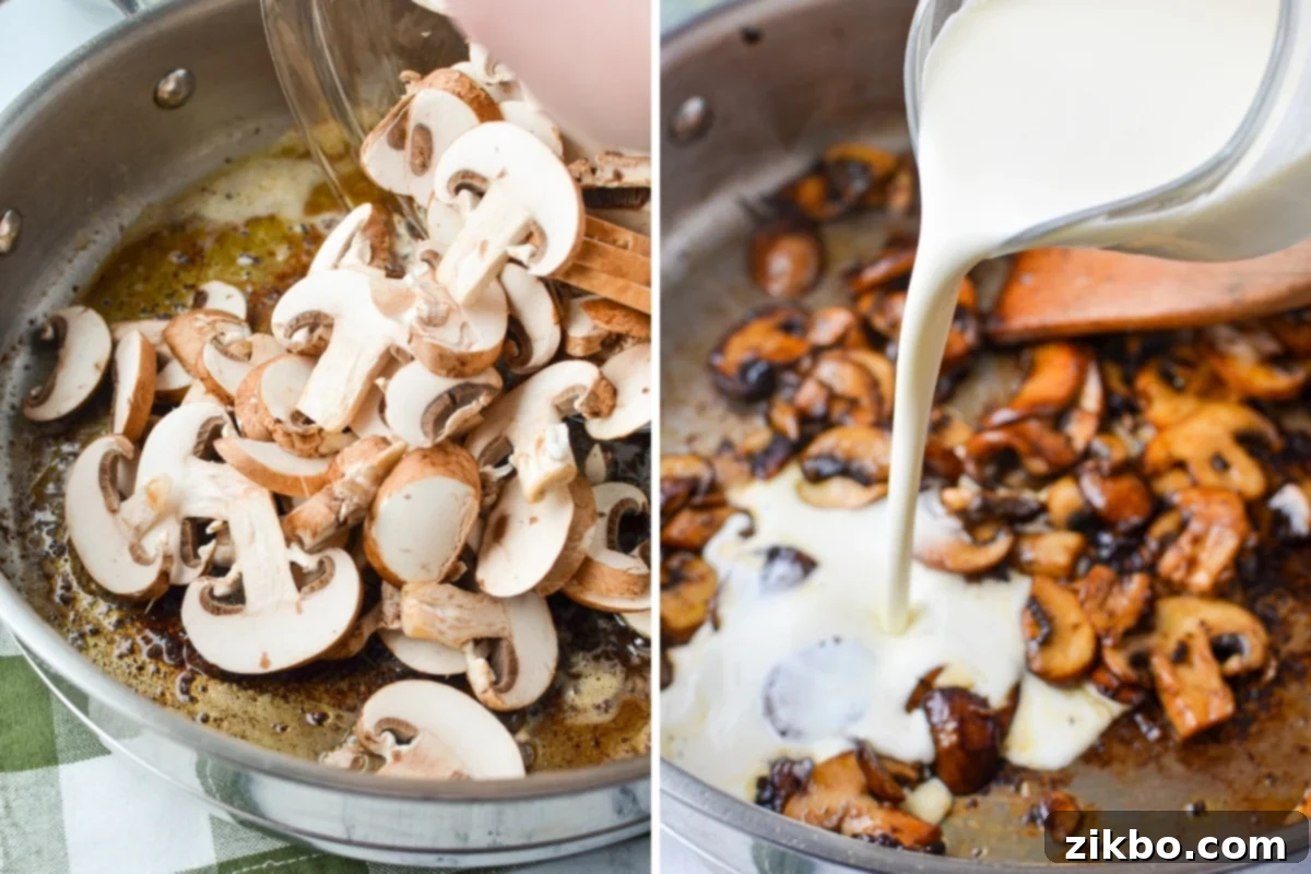 Browning mushrooms in a skillet.