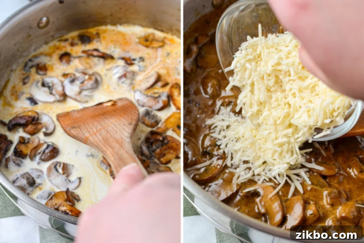 Scraping up cream from a skillet and adding parmesan cheese.