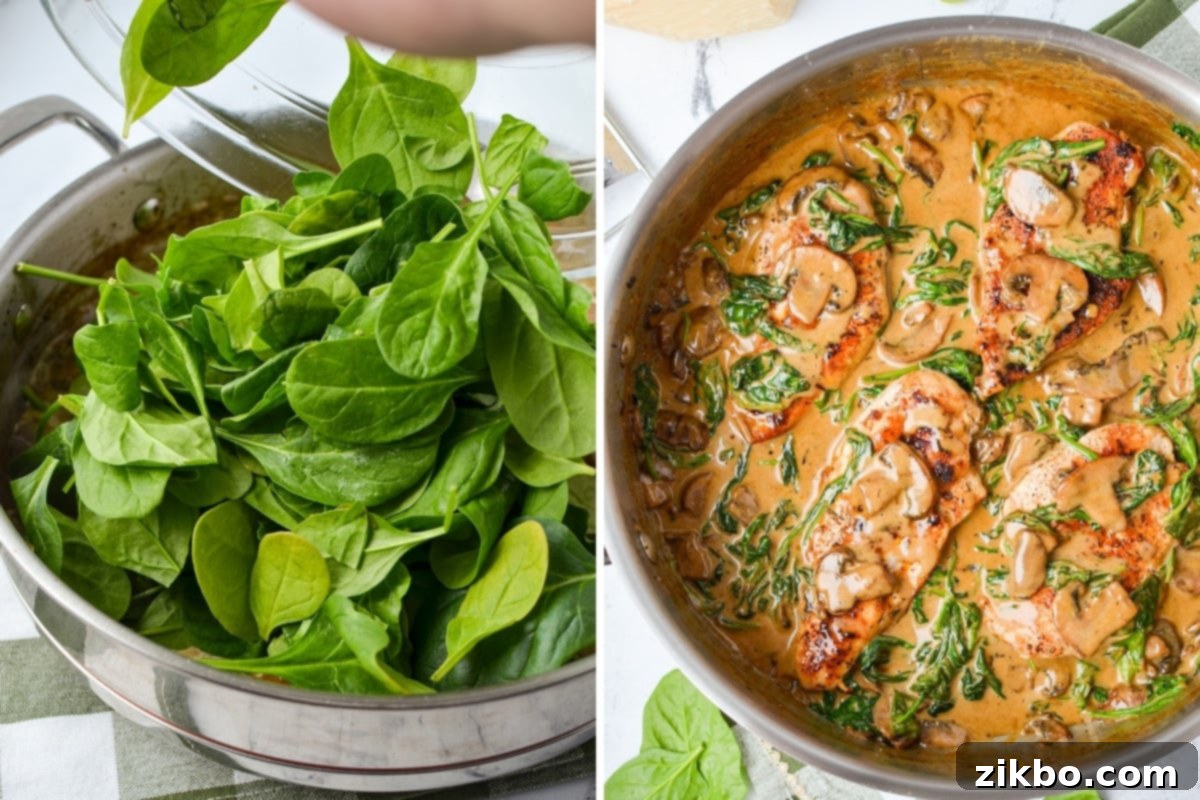 Adding spinach to a skillet with a cream sauce.