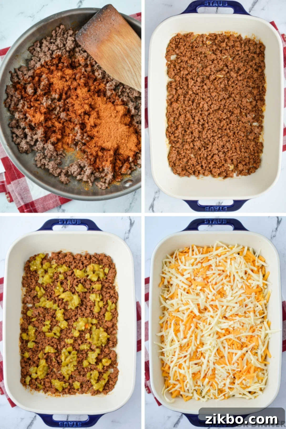 Seasoning ground beef with taco seasoning, then topping with green chilies and shredded cheese.