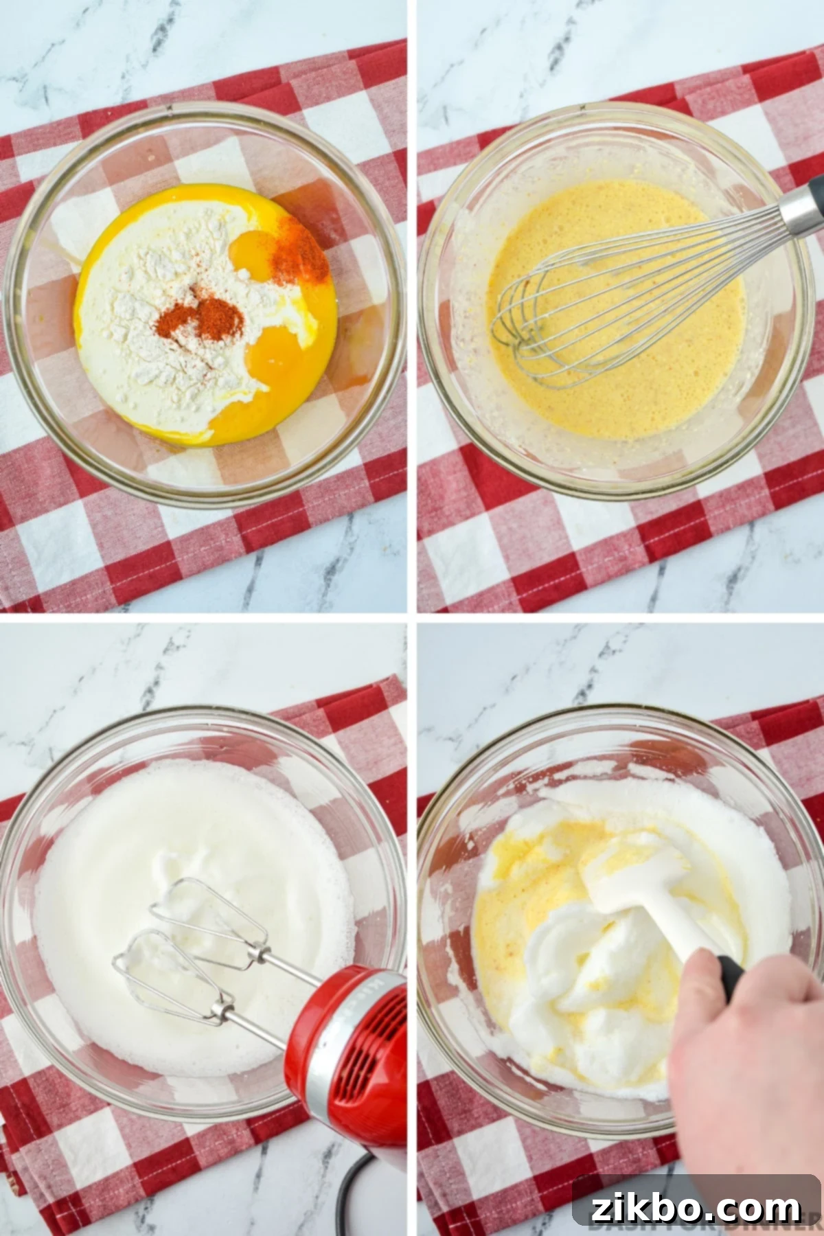 Whisking eggs with other ingredients, then folding in egg whites.