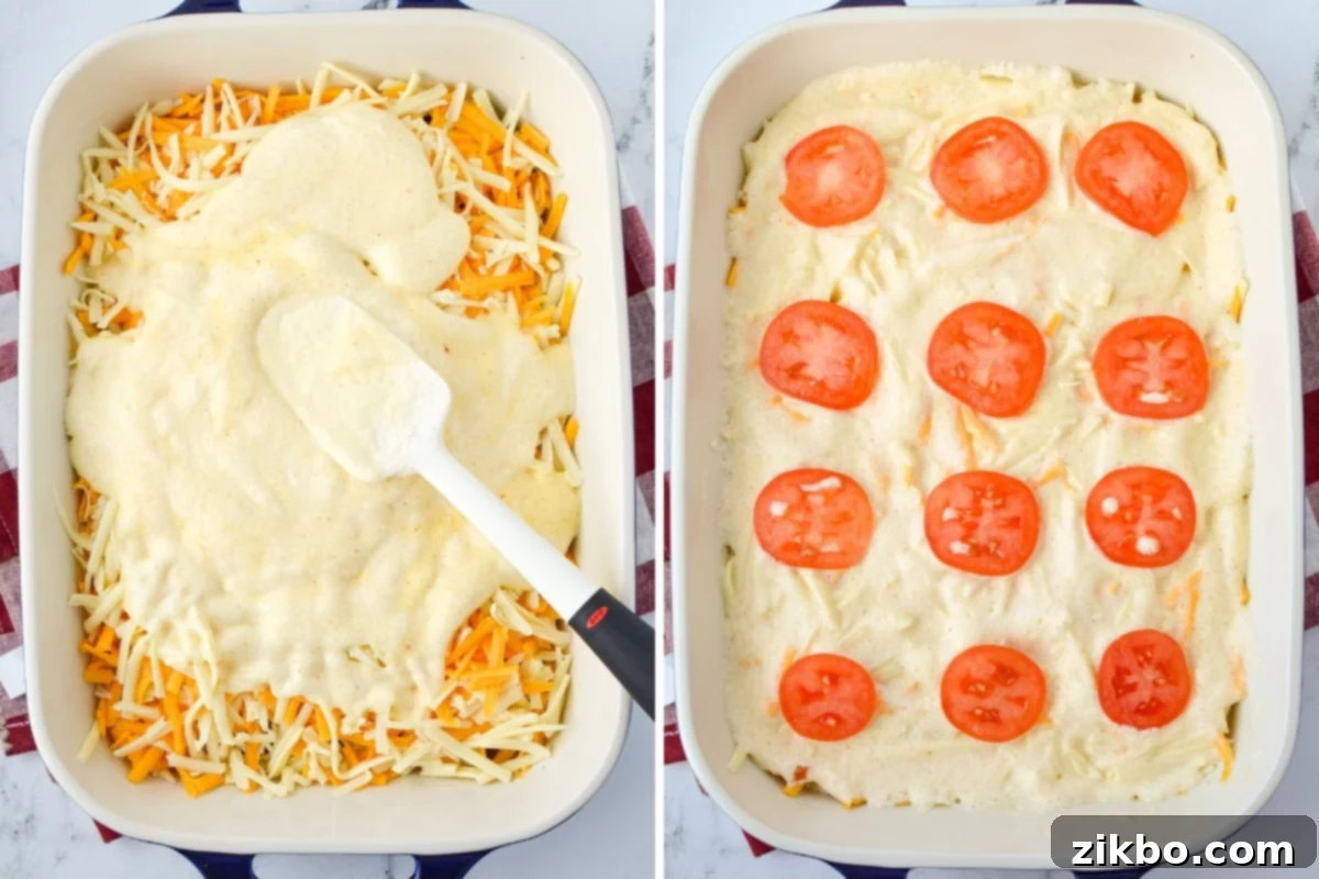 Placing tomato slices on top of an egg and cheese casserole.