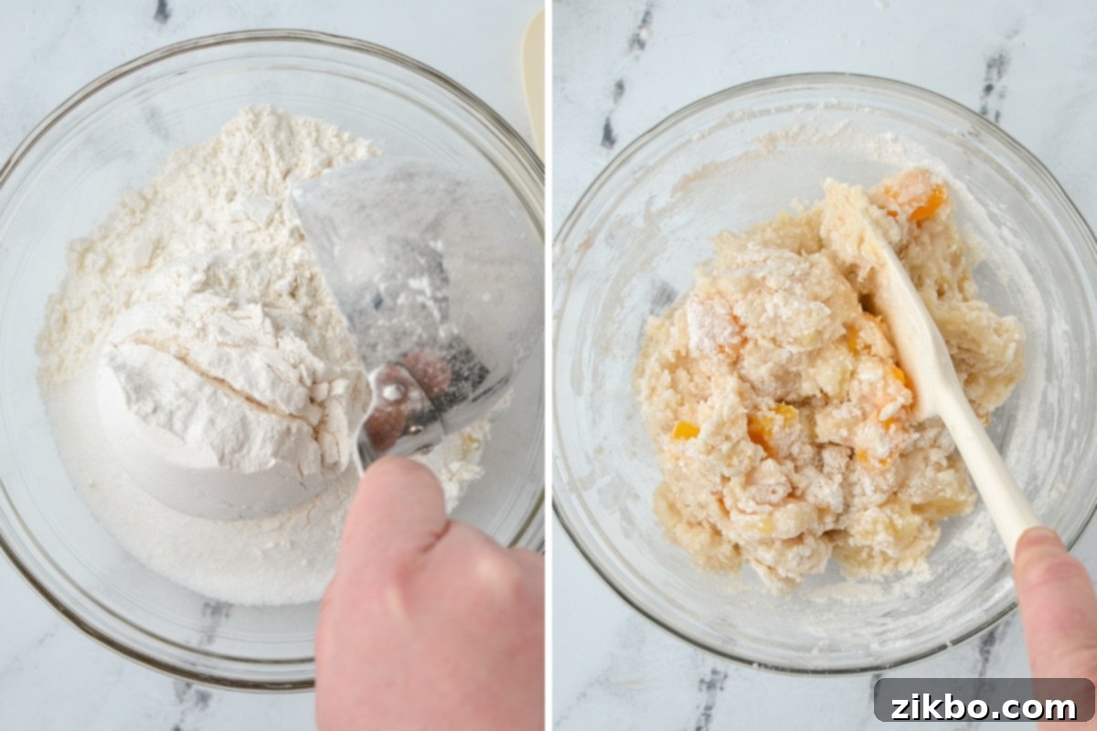 A close-up shot of dry self-rising flour being added to a mixing bowl, followed by stirring with a spatula to form a smooth, creamy cake batter.
