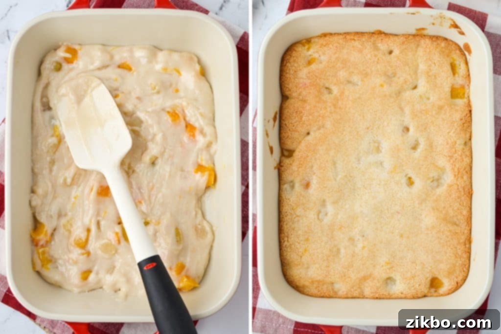A spatula expertly smoothing the golden Cuppa Cake batter into an even layer within a baking dish, ready for the oven.
