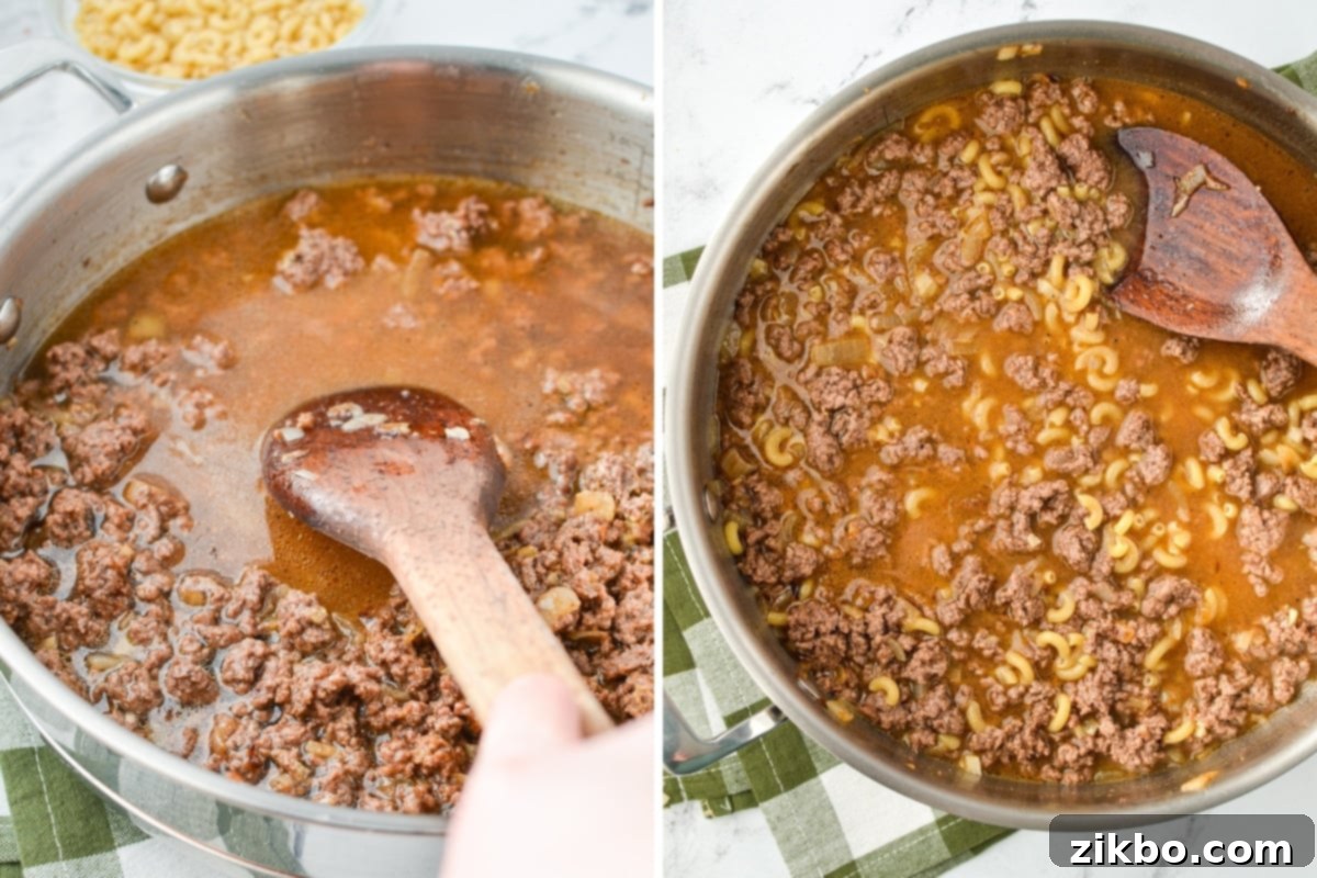 A wooden spoon scraping up browned bits from the bottom of a skillet, deglazing the pan.