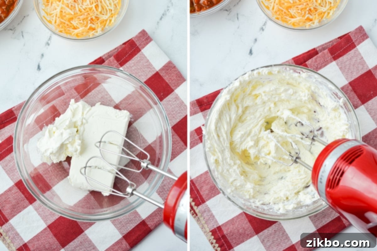 Easy Chili Cheese Dip 4 Blending together sour cream and cream cheese with a hand mixer in a bowl.